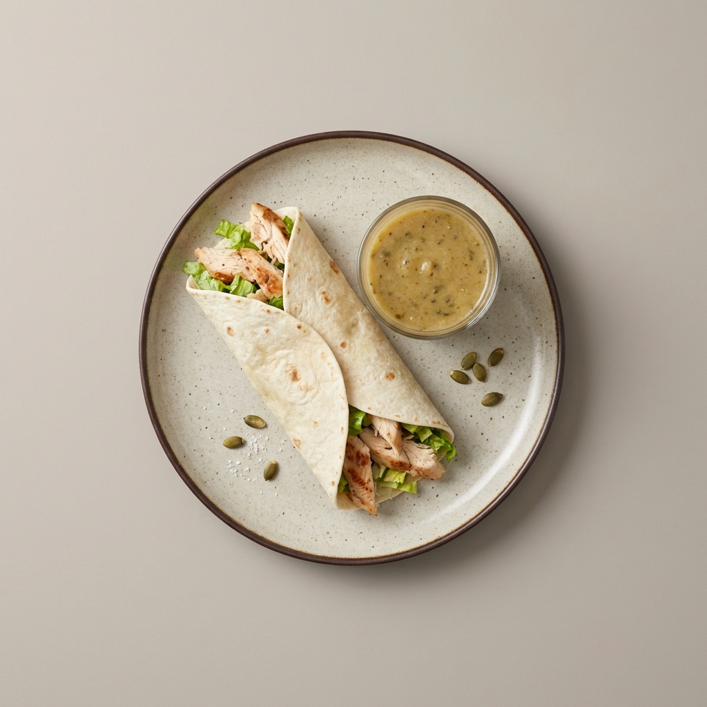 Wrap de pechuga de pollo deshebrada con lechuga, acompañado de licuado de manzana y pepitas de calabazas