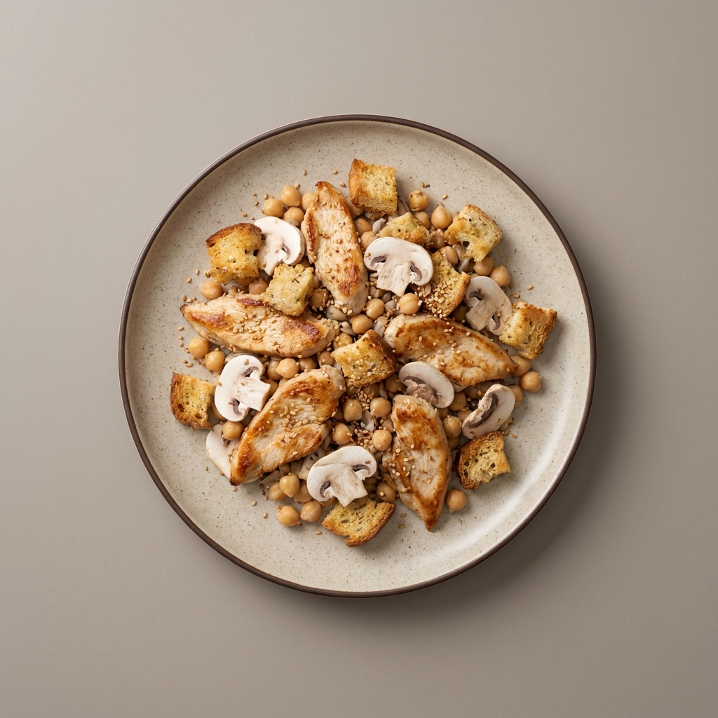 Ensalada de pechuga de pollo con champiñon, garbanzo, semilla de ajonjolí y croutones
