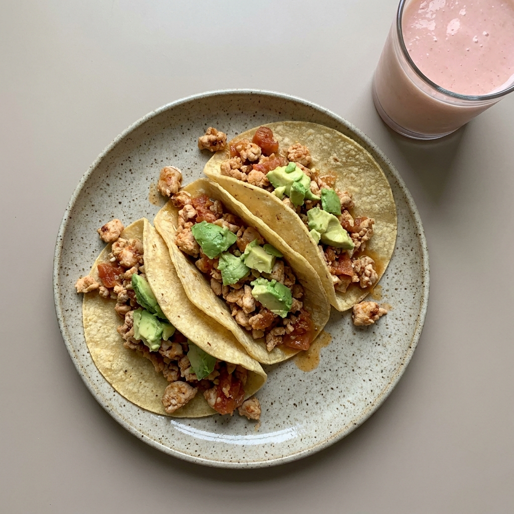 Tacos de pechuga de pollo molida con jitomate y aguacate acompañado de licuado de guayaba