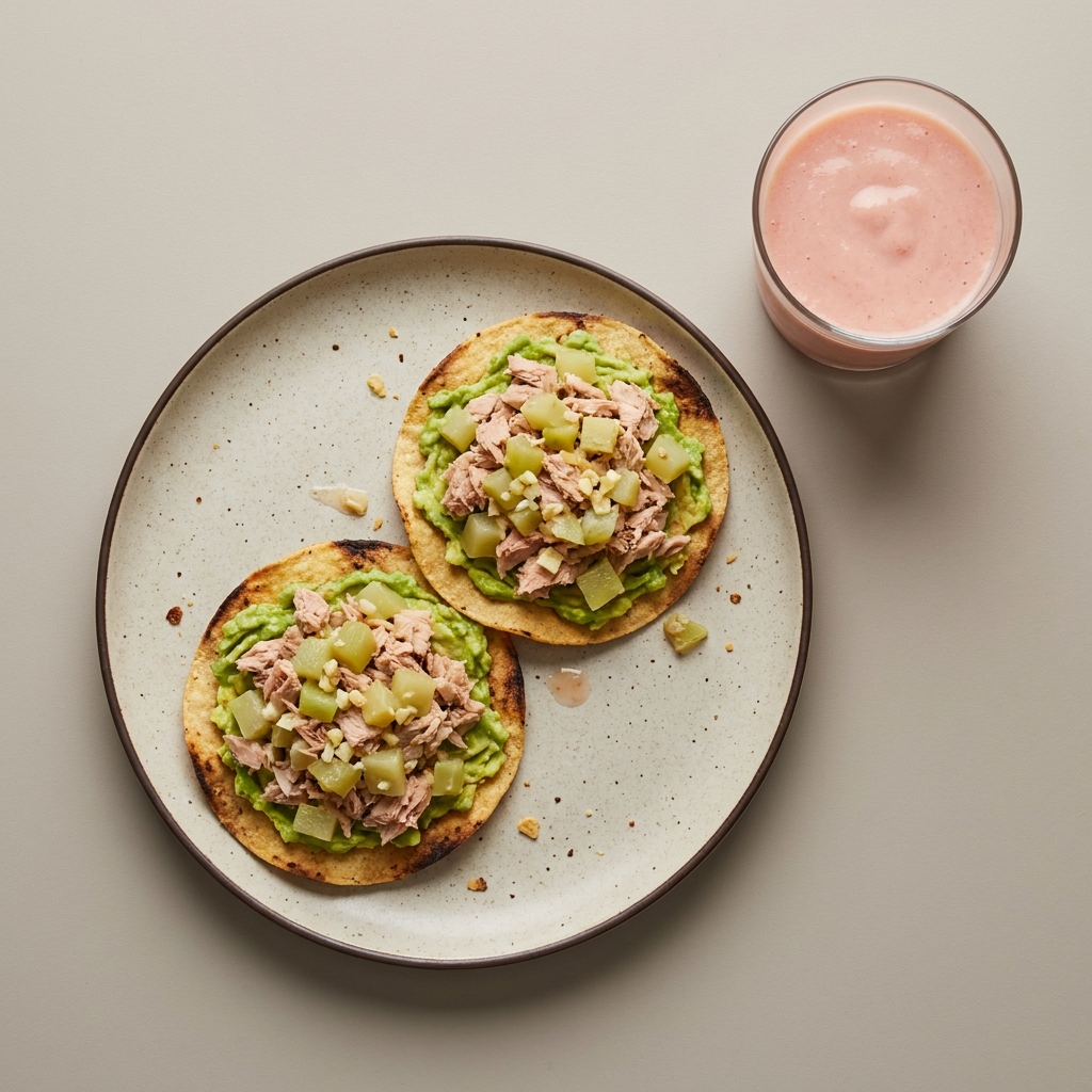 Tostadas de atún con chayote y aguacate acompañado de licuado de guayaba