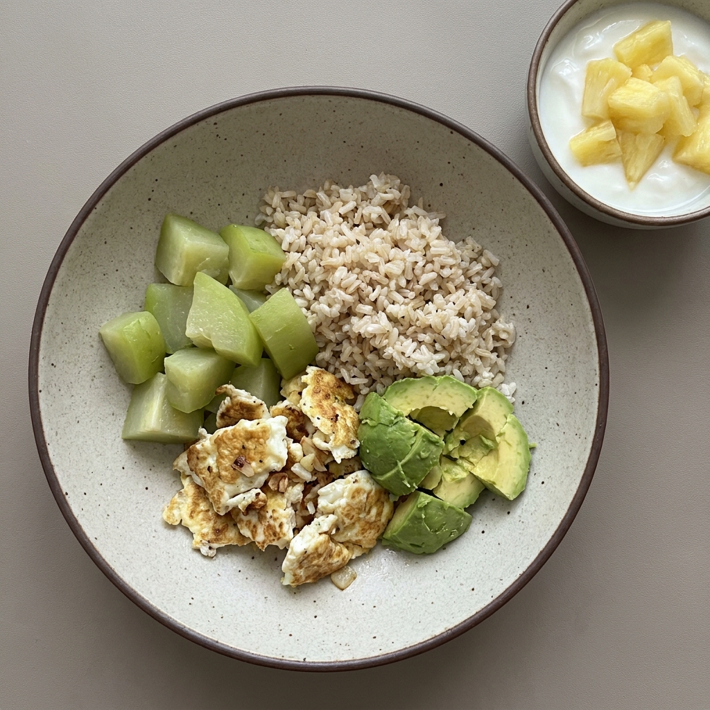 Bowl de arroz integral con clara de huevo, chayote y aguacate acompañado de yogurt con piña