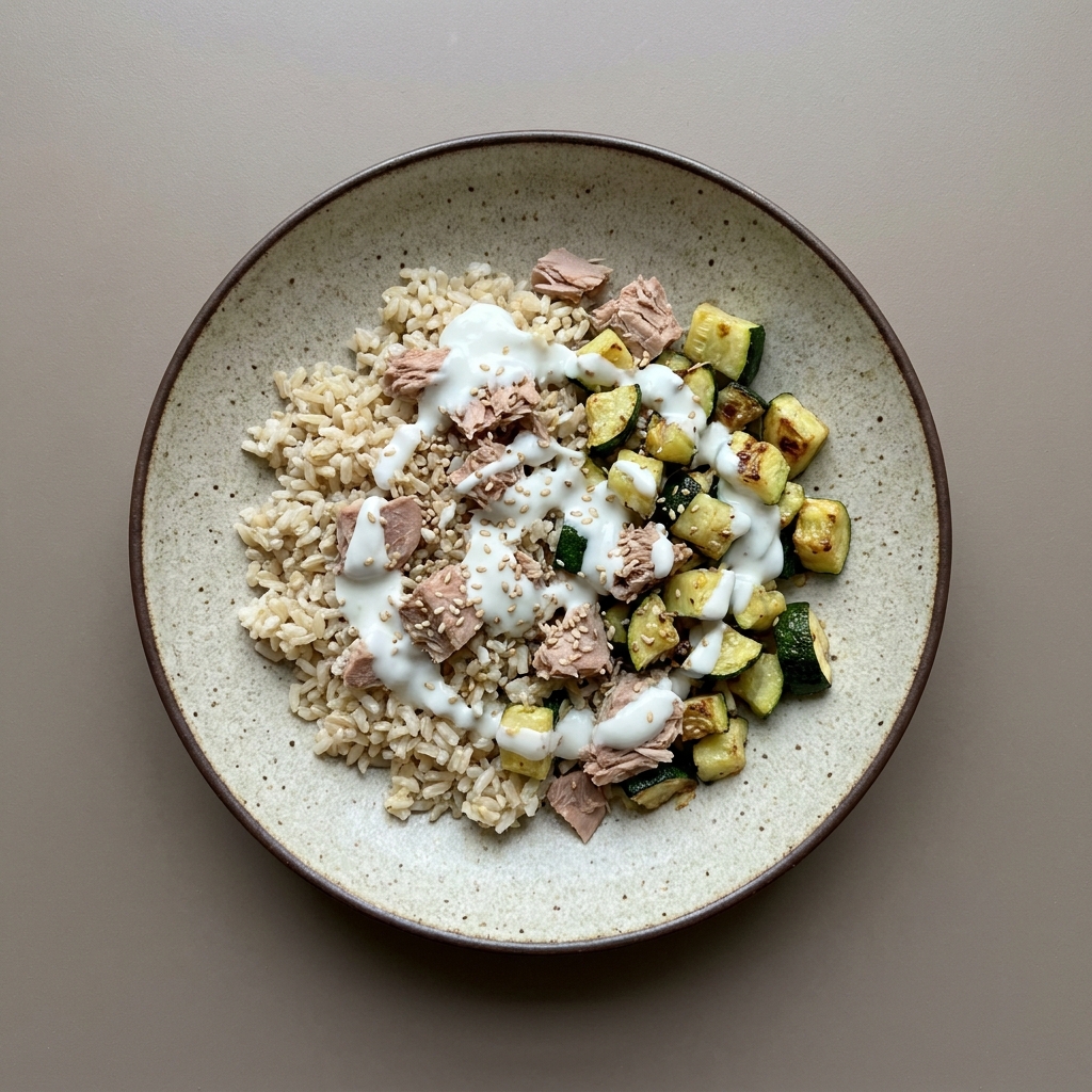 Bowl de arroz integral con atún, calabacita y semilla de ajonjolí aderezado con yogurt