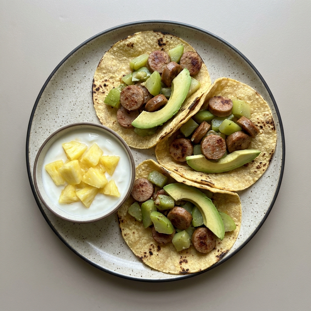 Tacos de salchicha de pavo con chayote y aguacate acompañado de yogurt con piña
