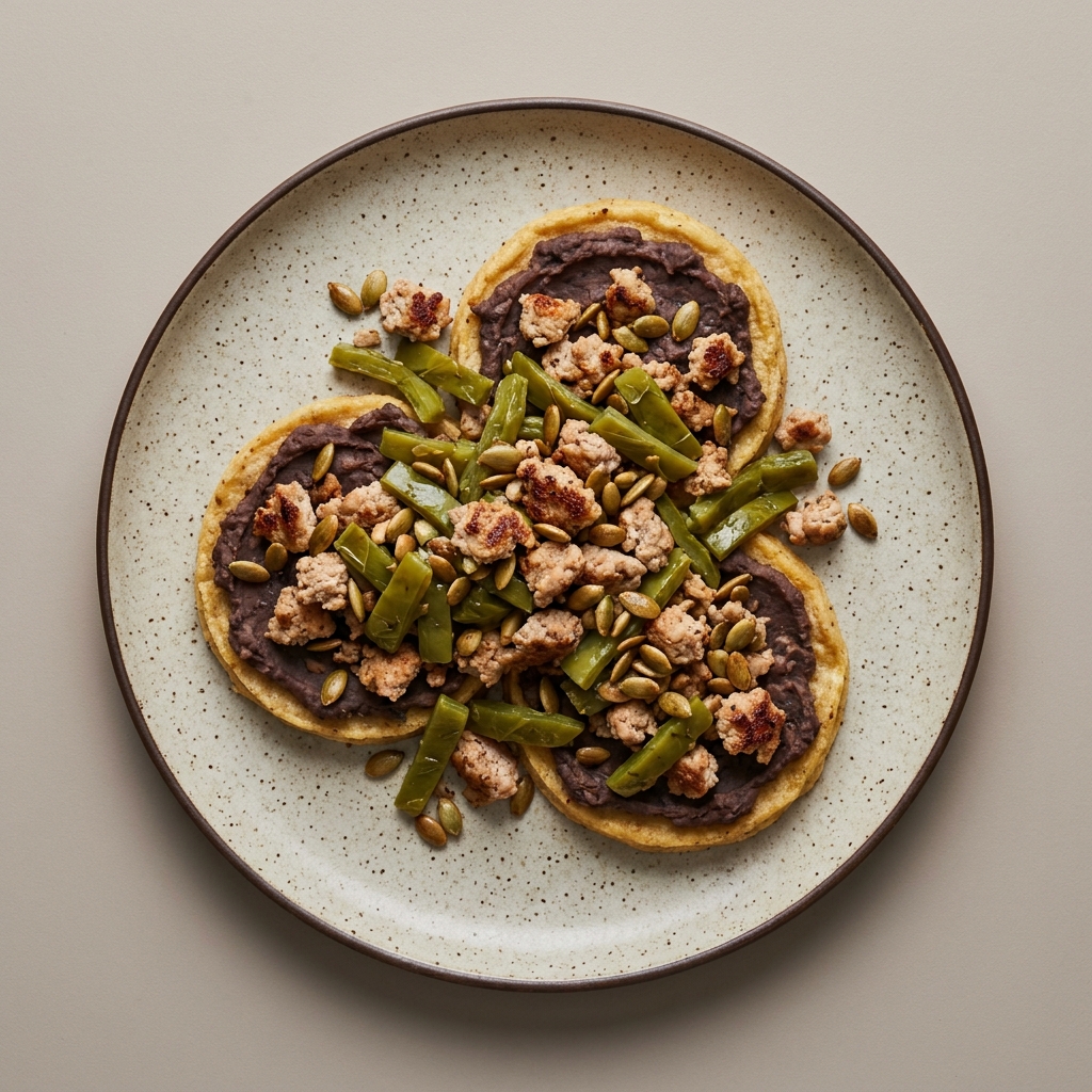 Sopes de carne molida de pavo con frijoles, nopal y pepita de calabaza