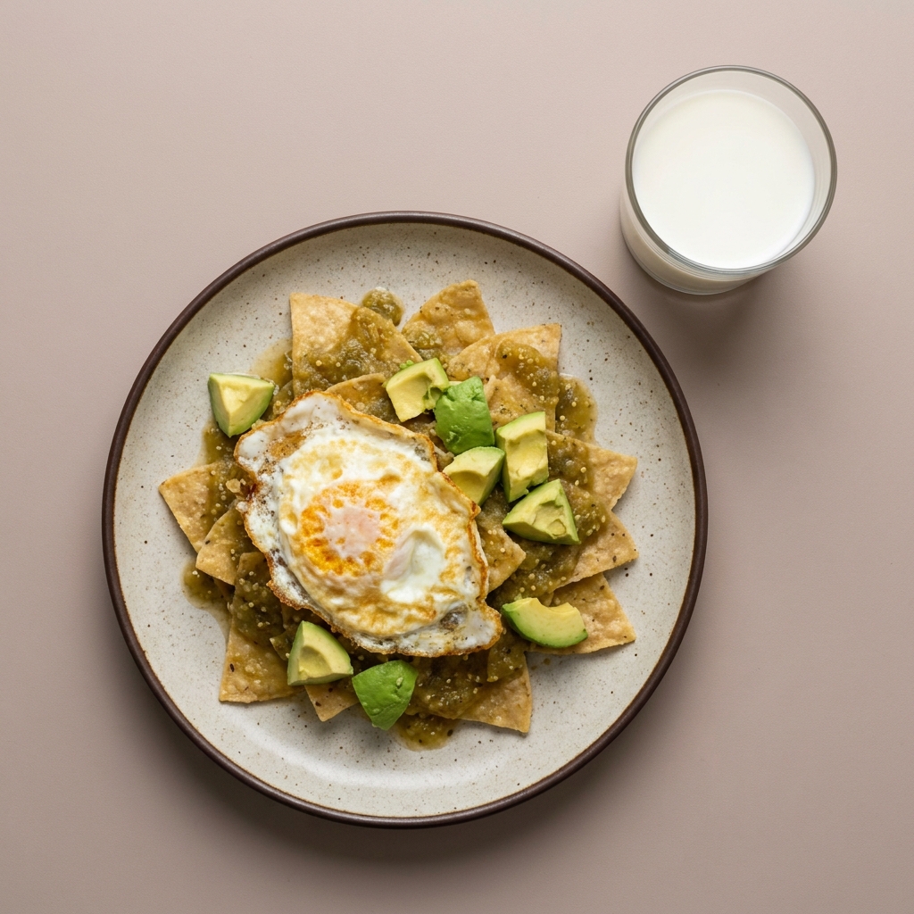 Chilaquiles verdes con huevo y aguacate, acompañado de un vaso de leche