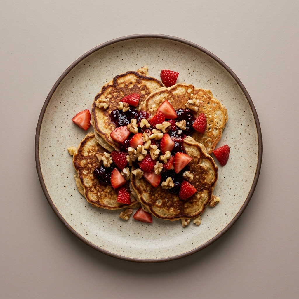 Hotcakes de harina de avena con fresa, nuez y mermelada