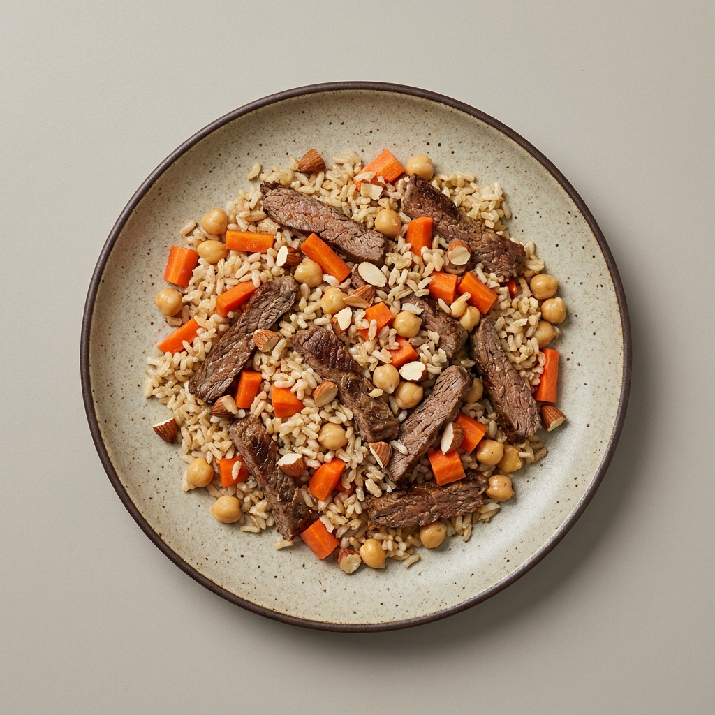 Bowl de arroz integral con arrachera de res, zanahoria, garbanzo y almendra