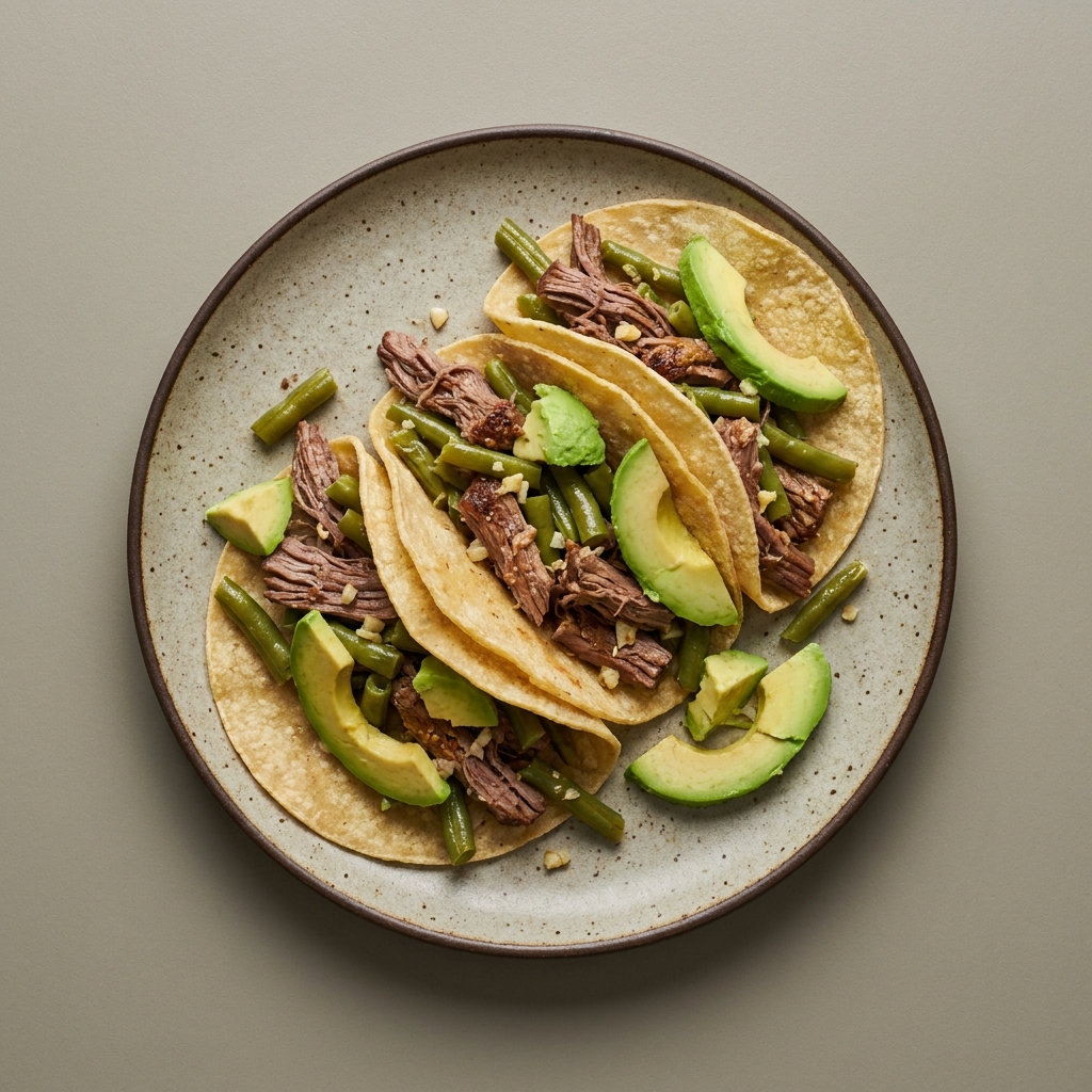 Tacos de carne res deshebrada con ejote y aguacate