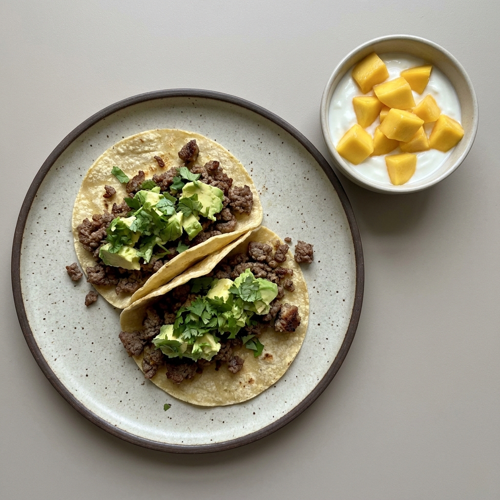 Tacos de res molida con aguacate y bowl de yogurt con mango