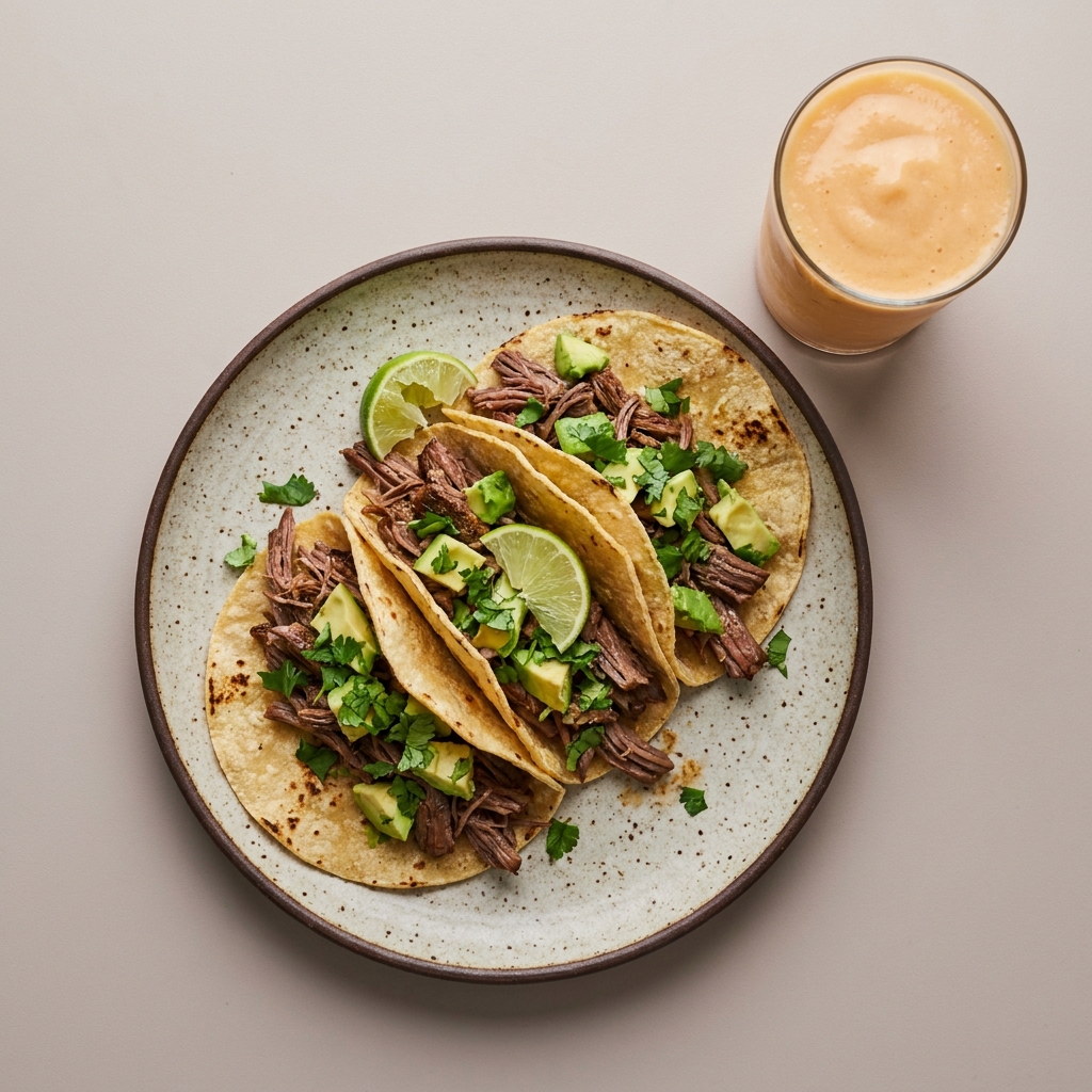 Tacos de res deshebrada con aguacate y licuado de papaya