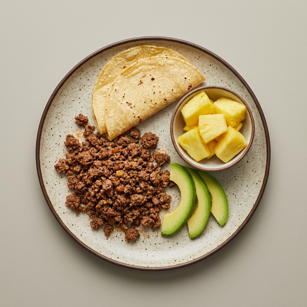 Picadillo seco de res molida con tortilla, aguacate y bowl de piña