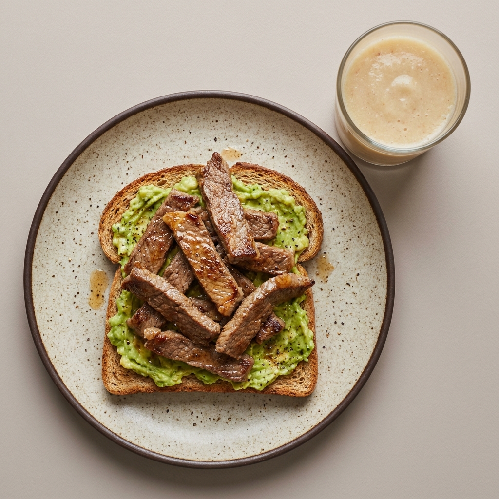 Pan integral tostado con fajitas de res y guacamole acompañado de licuado de manzana