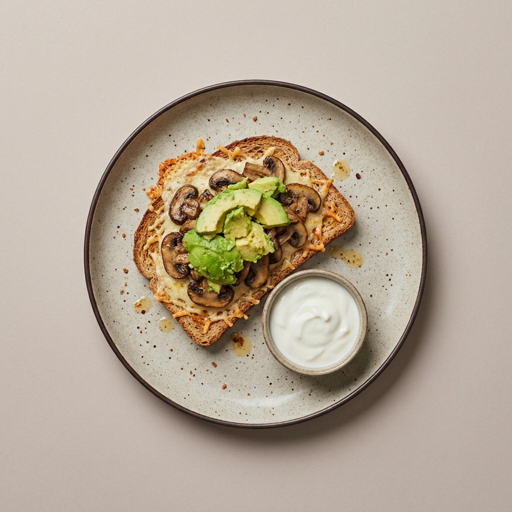 Pan integral con queso parmesano dorado, champiñón y aguacate acompañado de yogurt natural