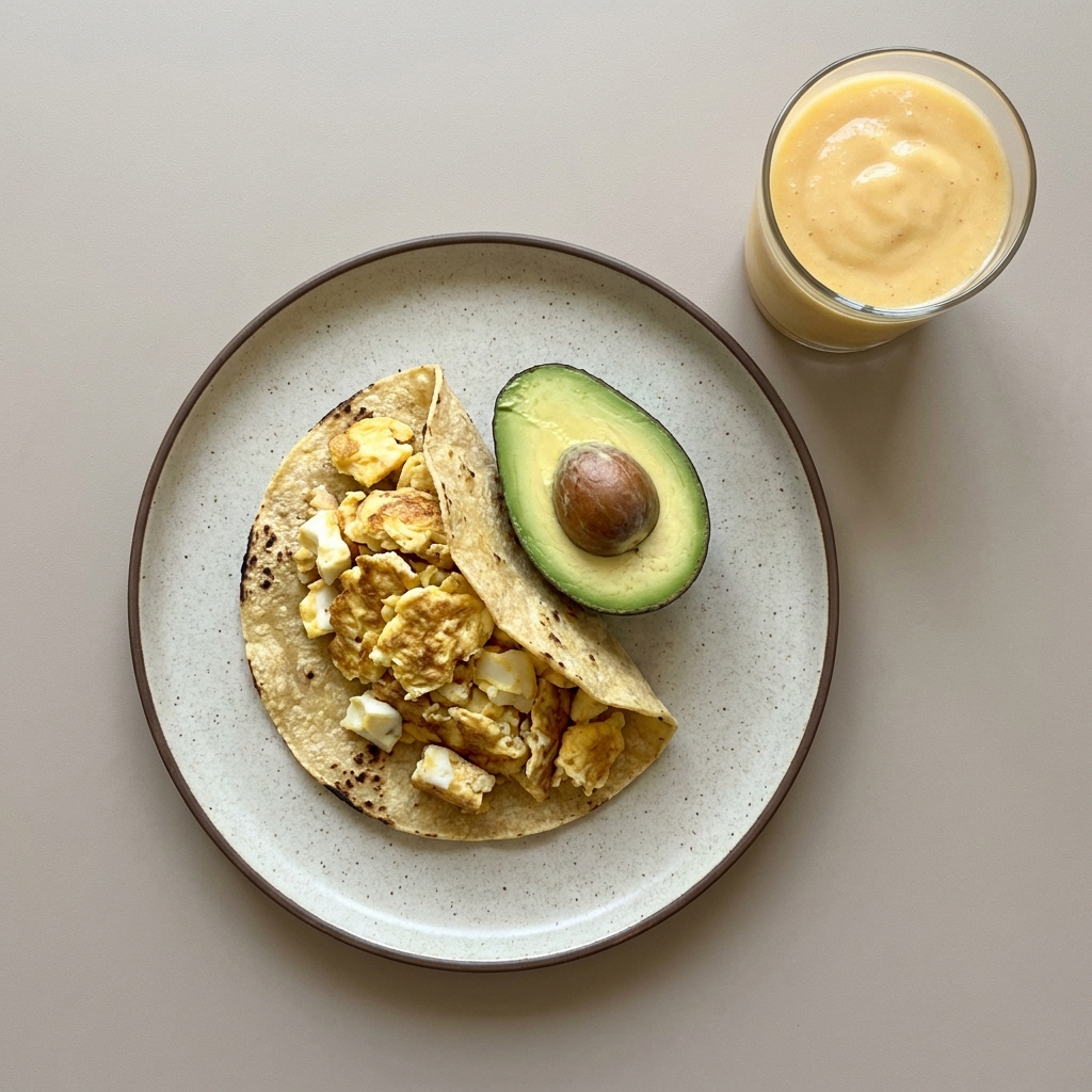 Huevo con aguacate y tortilla de maíz, acompañado de licuado de mango