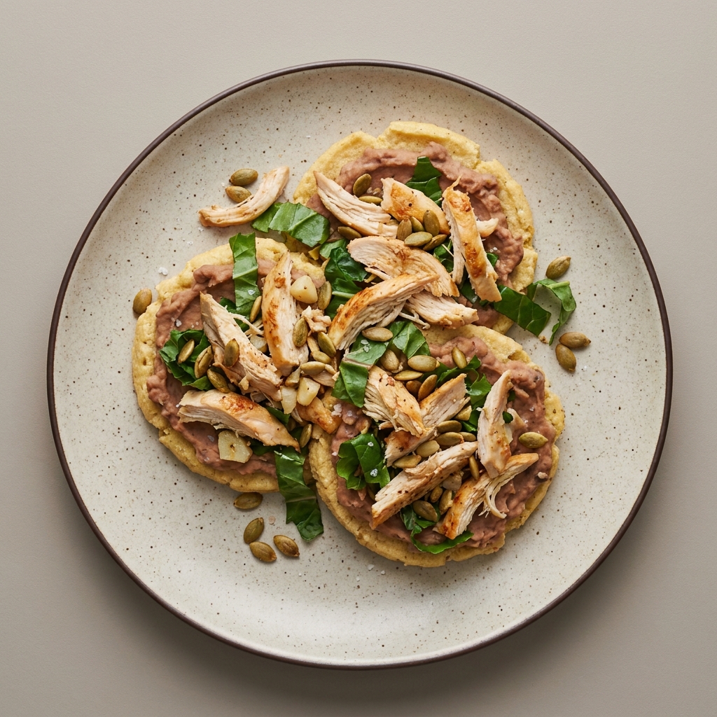 Sopes de pollo con frijoles refritos, acelga y pepita de calabaza