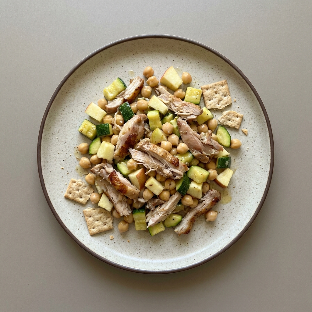 Ensalada de pollo con calabacita, garbanzo y manzana