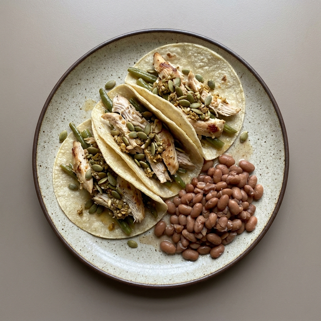 Tacos de pechuga de pollo deshebrada con ejote y pepita de calabaza, con frijol por un lado
