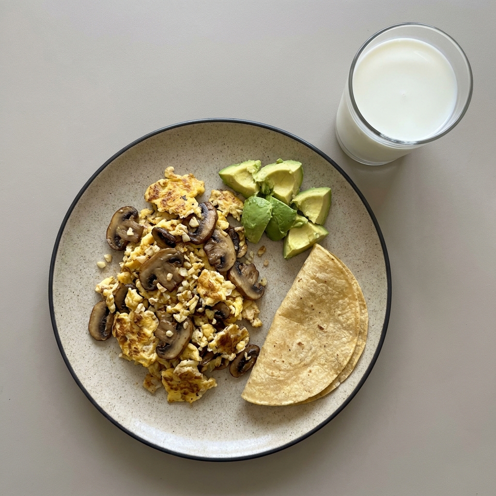 Huevo a la mexicana con champiñon y aguacate, acompaña con vaso de leche