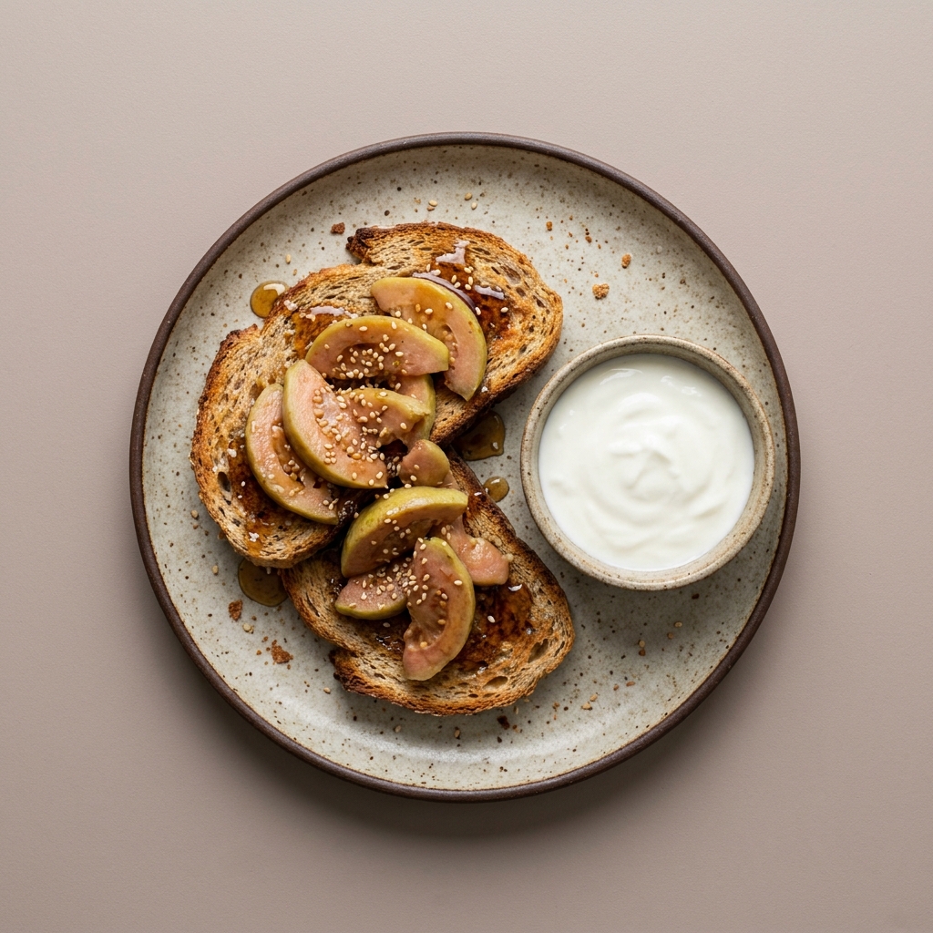 Pan integral tostado con miel de abeja, y guayaba, con bowl de yogurt natural
