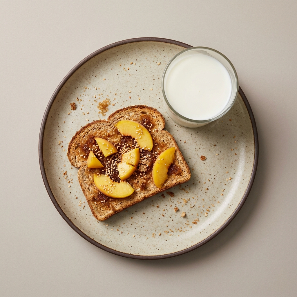 Pan integral tostado con azúcar, semilla de ajonjolí y durazno, acompañado de un vaso de leche