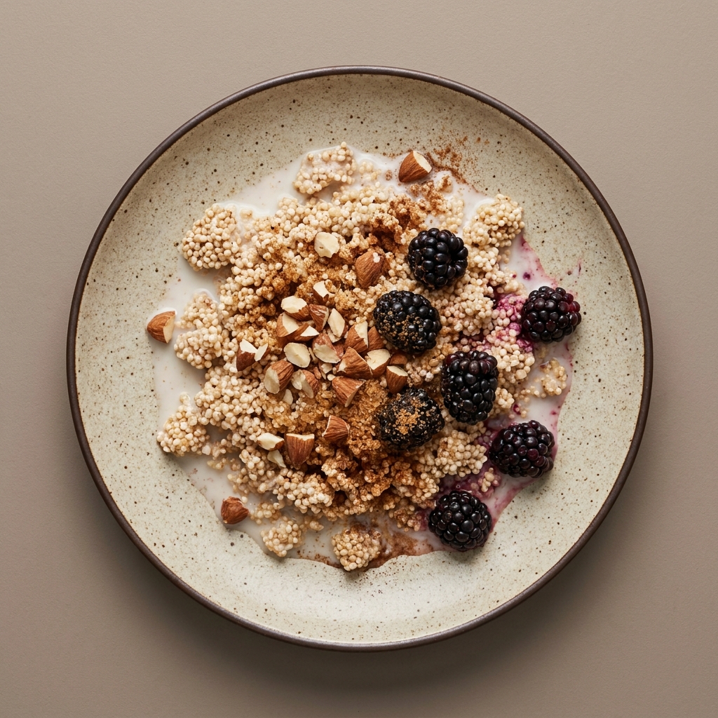 Bowl de amaranto natural con leche, almendra, zarzamora y azúcar