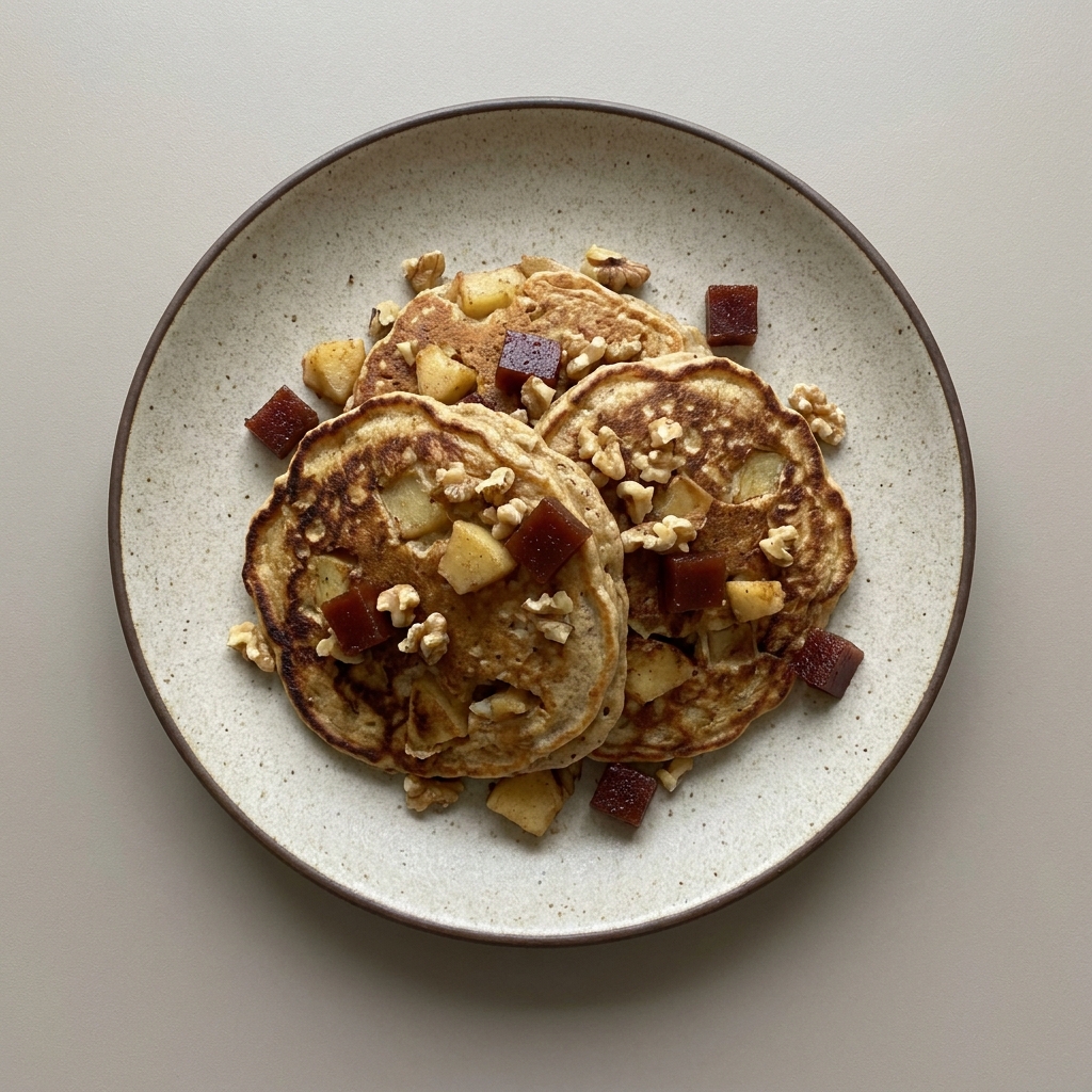 Hotcakes de harina de avena con manzana, nuez y ate de guayaba