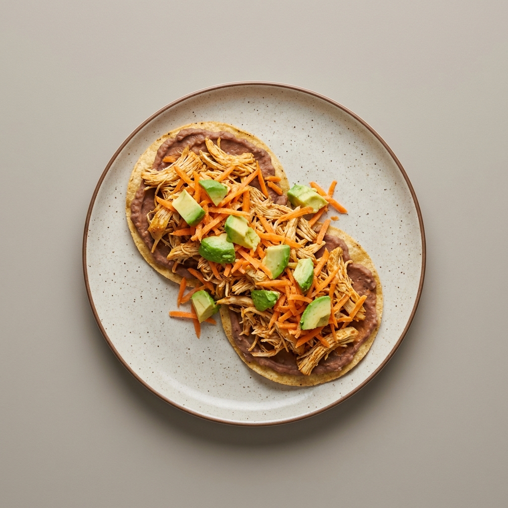 Tostadas de pechuga de pollo deshebrada con frijoles refritos, zanahoria y aguacate