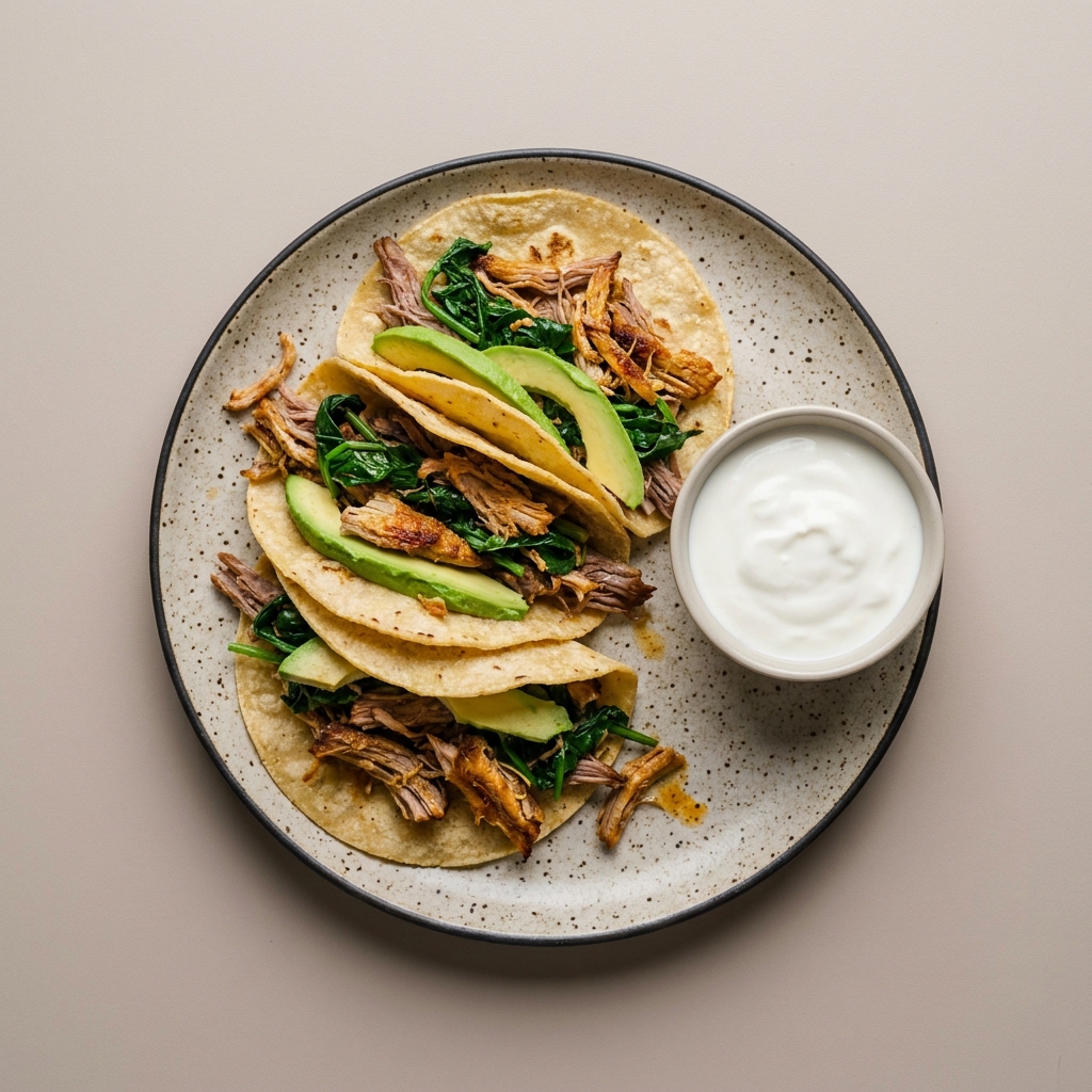 Tacos de carne res deshebrada con espinaca y aguacate acompañado de jocoque