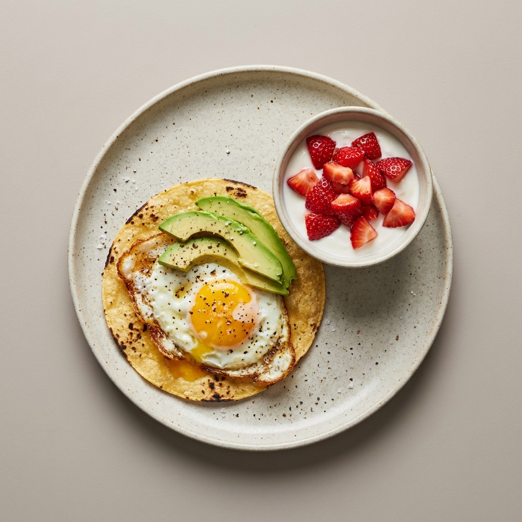 Huevo estrellado con aguacate y tortilla de maíz, acompañado de con yogurt con fresa