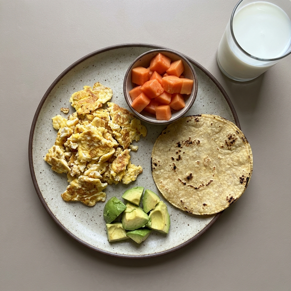 Huevo revuelto con aguacate y tortilla de maíz, acompañado de papaya y vaso de leche