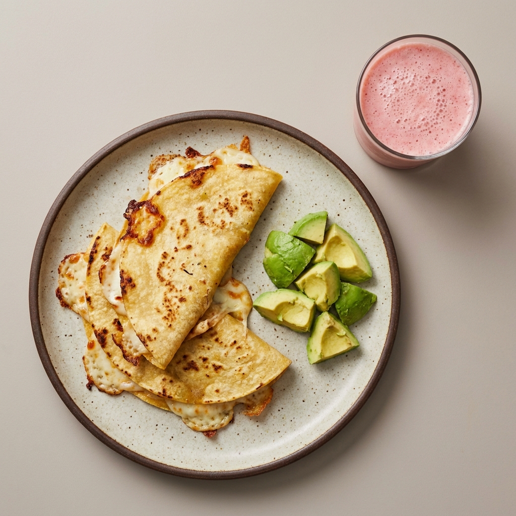 Quesadillas con aguacate, con licuado de fresa