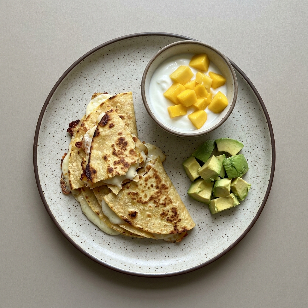 Quesadillas con aguacate, acompañado de yogurt con mango
