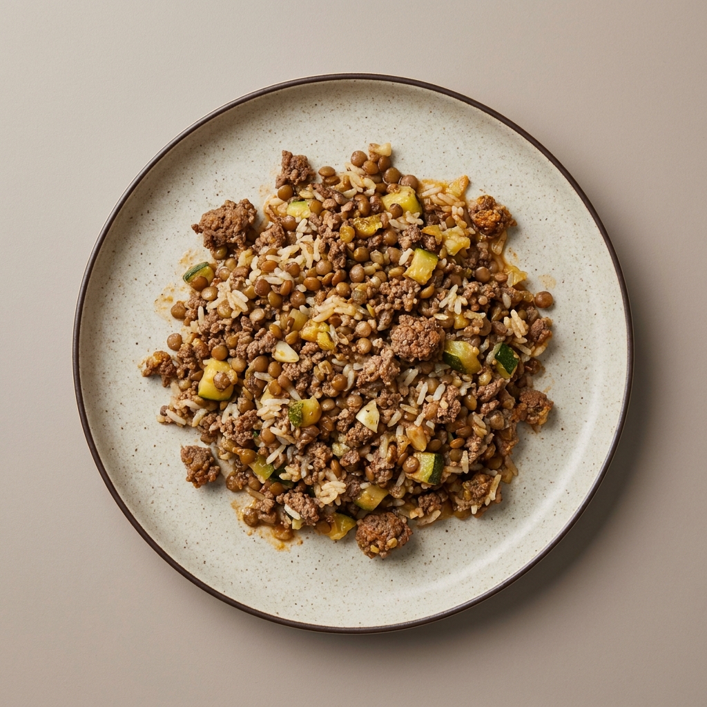 Picadillo de res molida con calabacita y lenteja