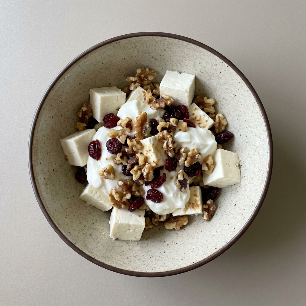 Bowl de queso fresco con nuez, arándano y yogurt griego