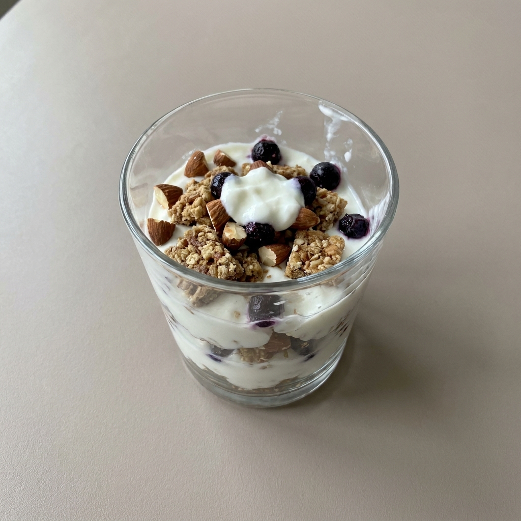 Parfait de yogurt griego con granola, almendra y arándano