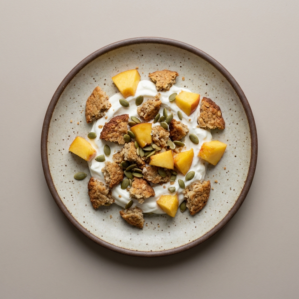Galleta de avena con yogurt griego, pepita de calabaza y durazno