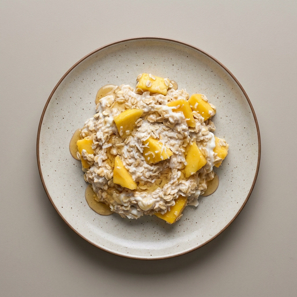 Avena con coco, mango, yogurt y miel