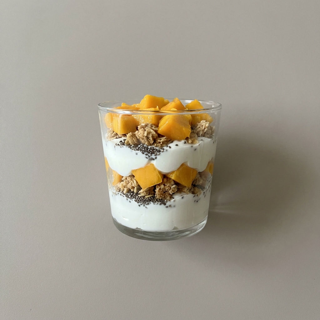 Parfait de yogurt griego con granola, chía y mango