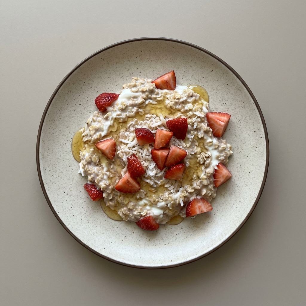 Avena con coco, fresa, yogurt y miel