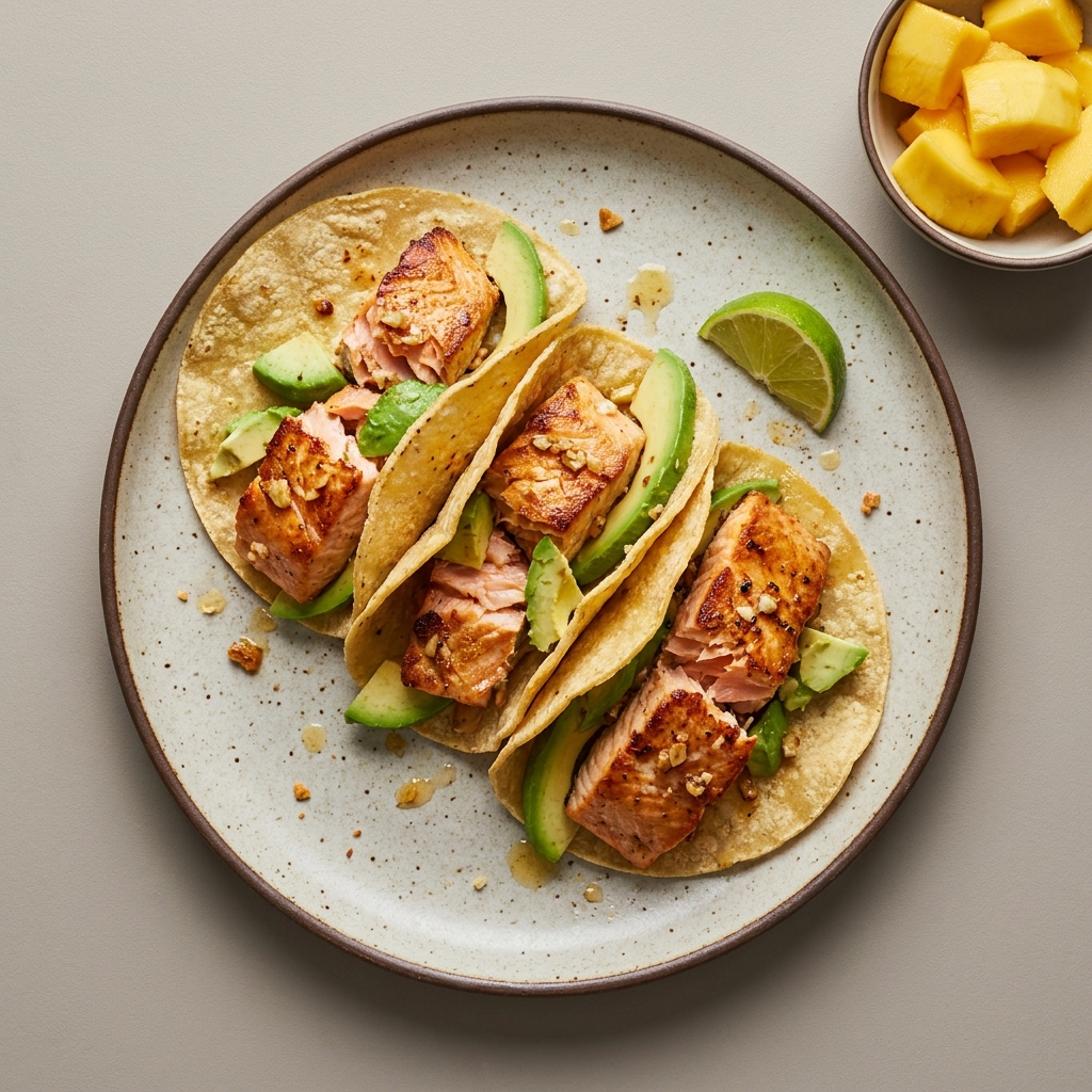 Tacos de salmón con aguacate, con bowl de mango de postre