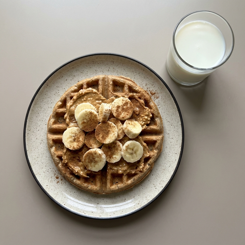 Wafle integral con crema de cacahuate y plátano, con vaso de leche