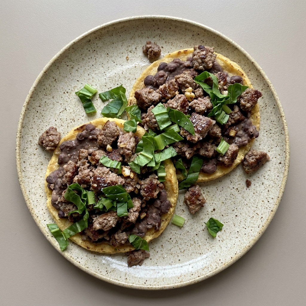 Sopes de res molida con frijoles, y acelgas
