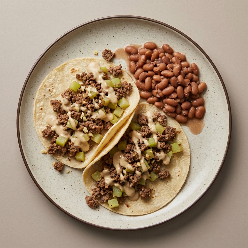 Tacos de res molida con chayote y tahini, con frijol por un lado