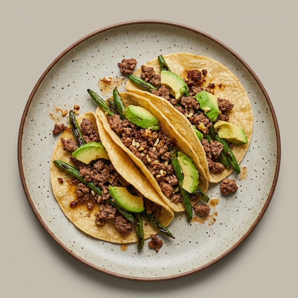 Tacos de res molida magra con ejote y aguacate