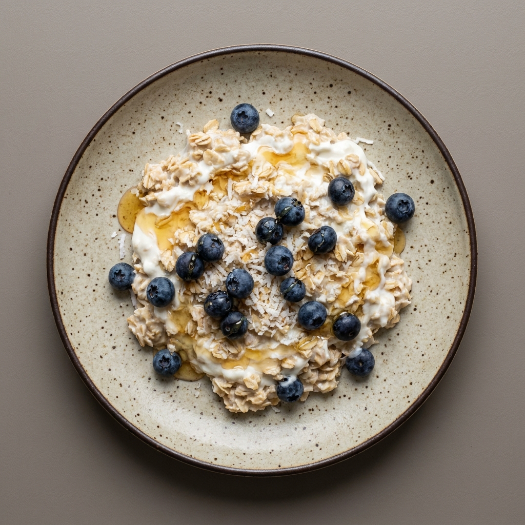 Avena con coco, arándano, yogurt y miel