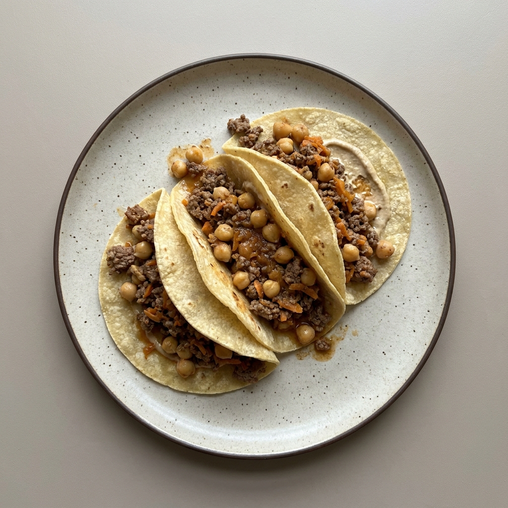 Tacos de res molida con zanahoria, garbanzos y tahini