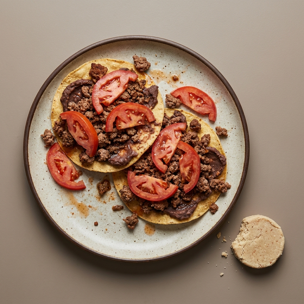 Tostadas de res molida  con frijoles refritos, y rodajas de jitomate, acompañado de mazapán como postre