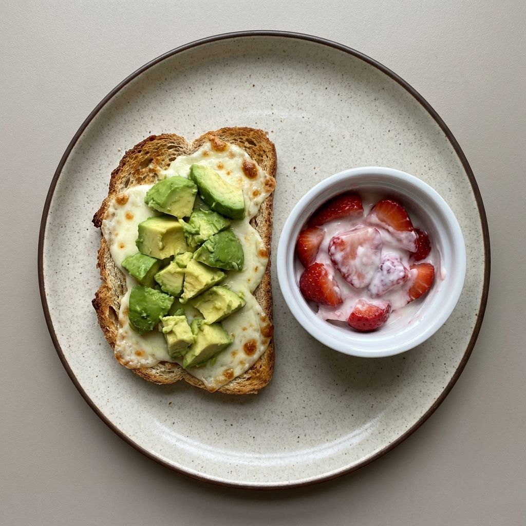 Pan integral con queso mozzarella y aguacate, acompañada de fresas con yogurt natural