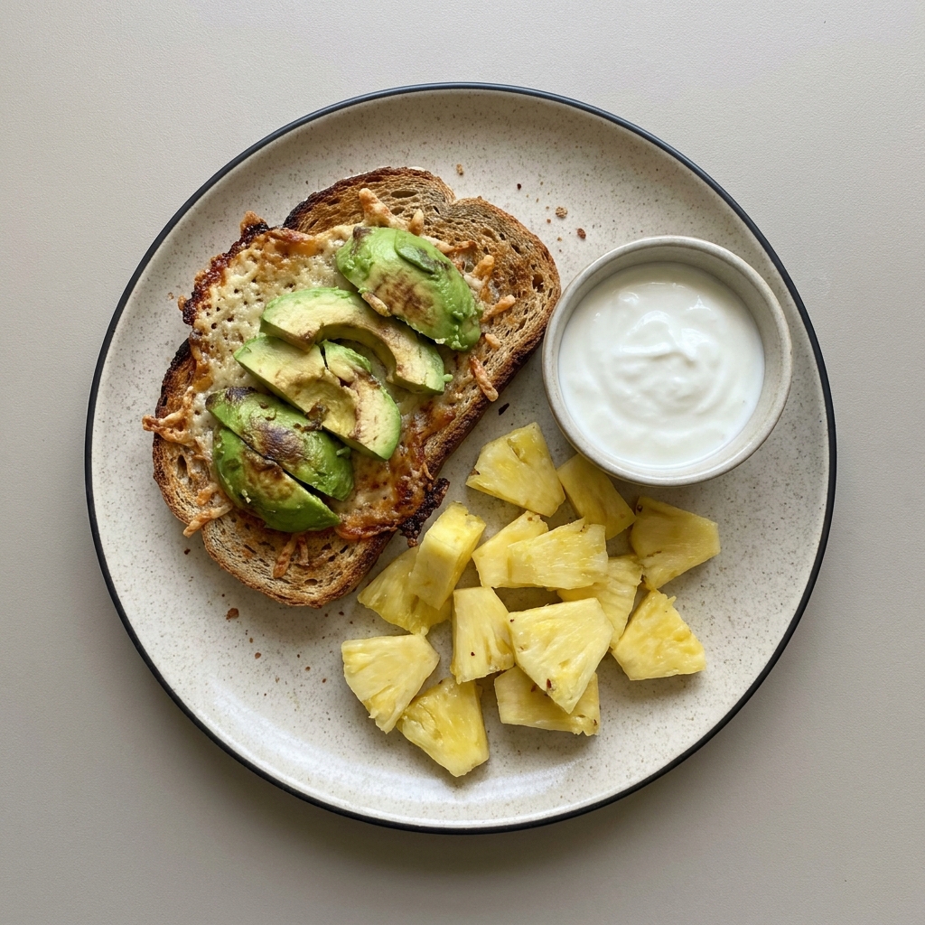 Pan integral con queso parmesano y aguacate, con piña picada y  jocoque