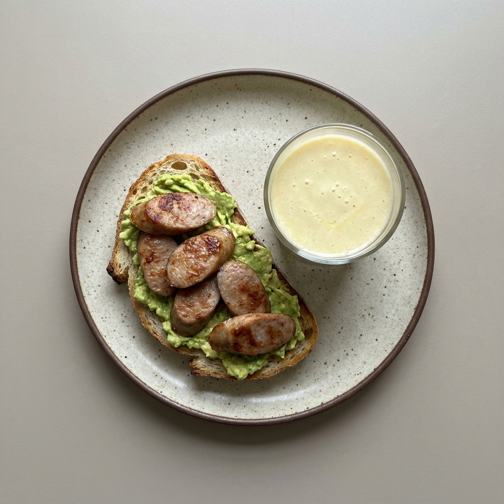 Sandwich de salchicha con aguacate y licuado de plátano